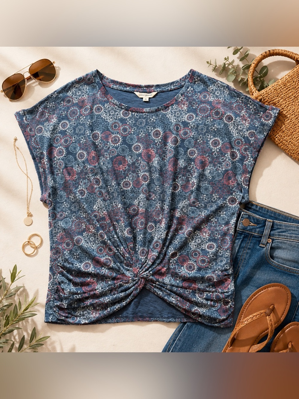 Lucky Brand Medallion Print Knot Front Tee | Size XL | Blue Red NWT